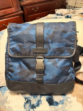 Coach Men’s Blue and Black Camouflage Messenger Bag